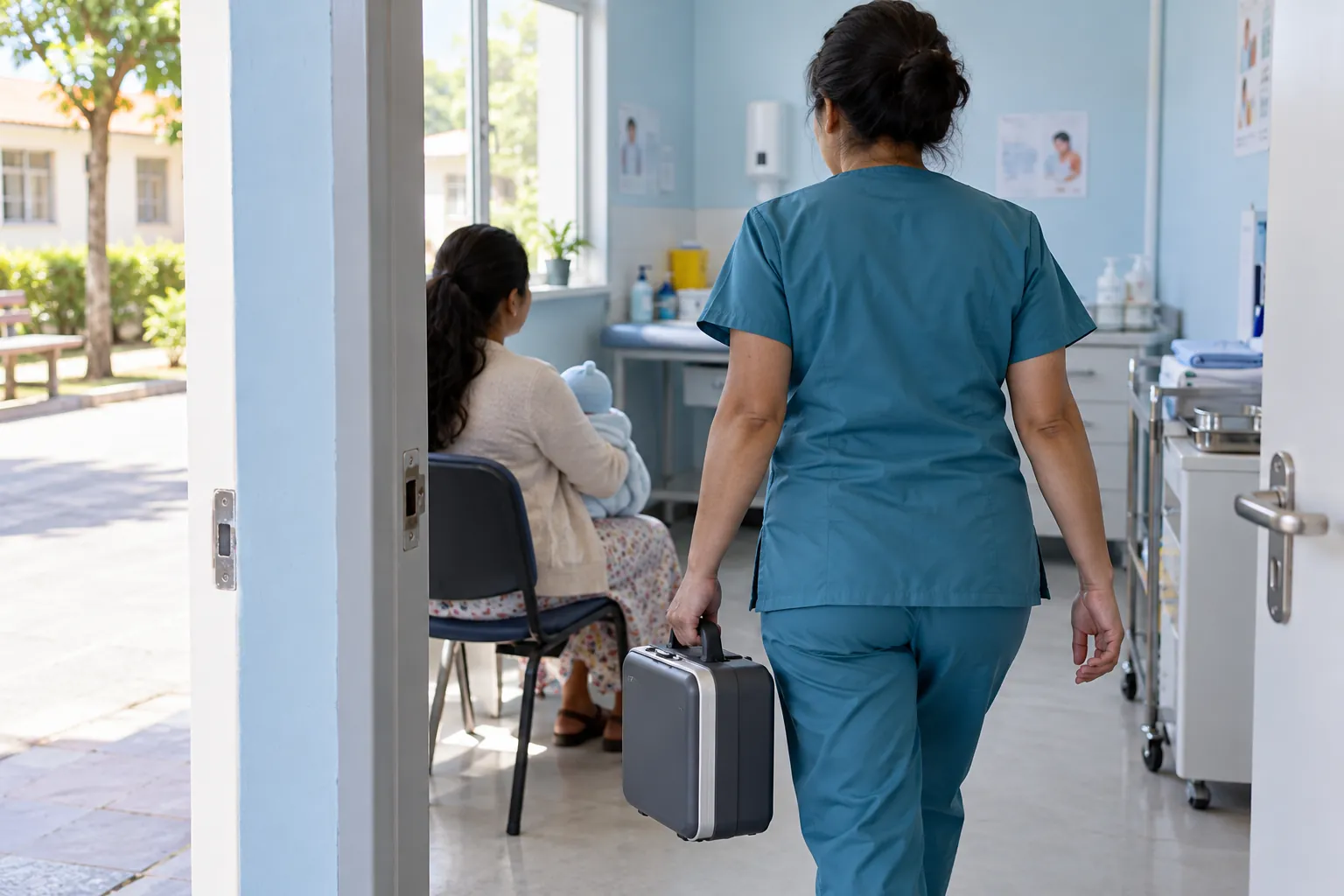 Illustrative image of a healthcare professional seen from behind bringing a diagnostic kit to a community clinic