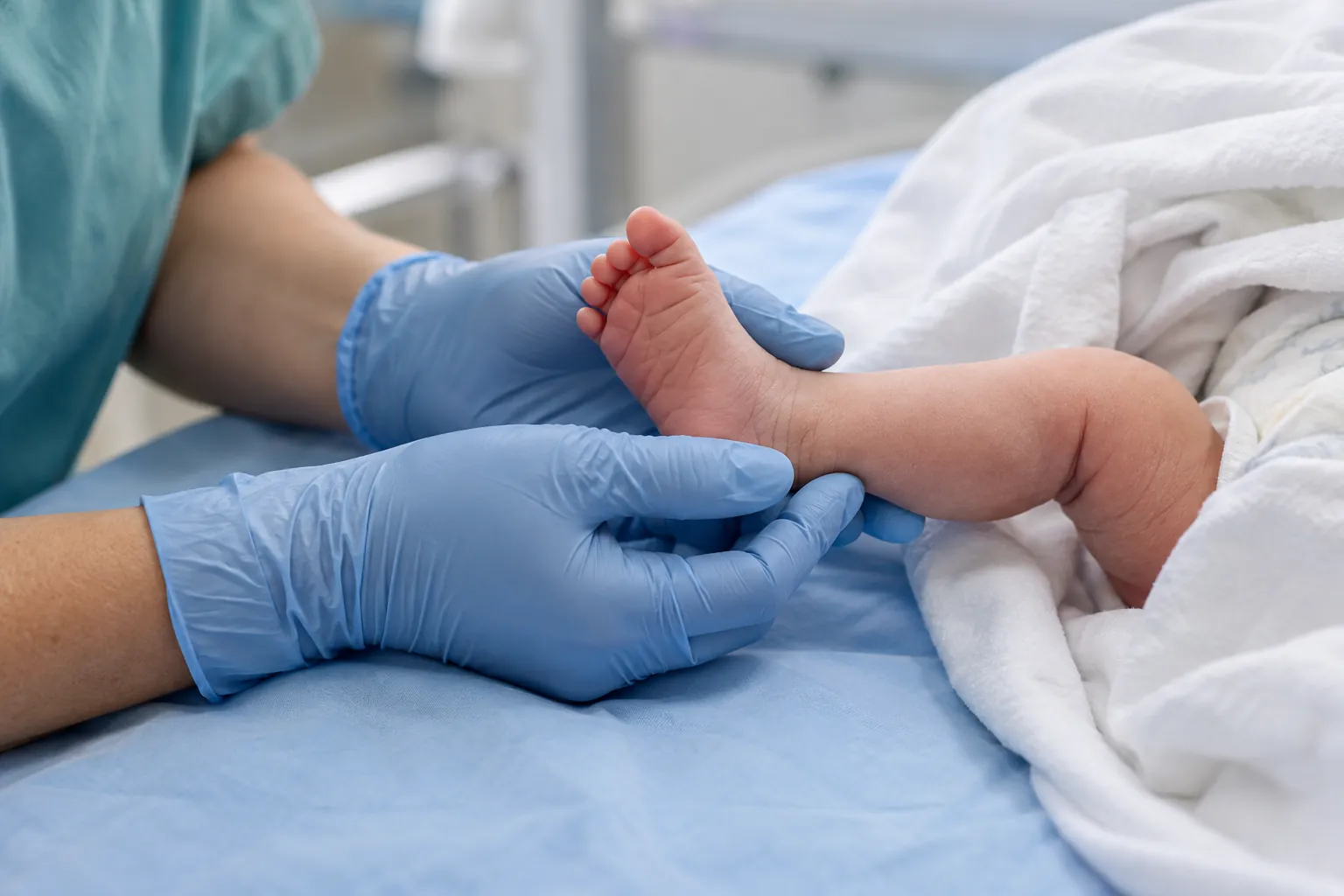 Illustrative image of gloved hands gently supporting a newborn’s foot